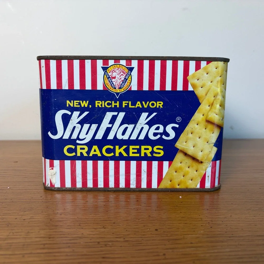 Vintage SkyFlakes Crackers Tin M.Y. San Biscuits Philippine Market Red Blue